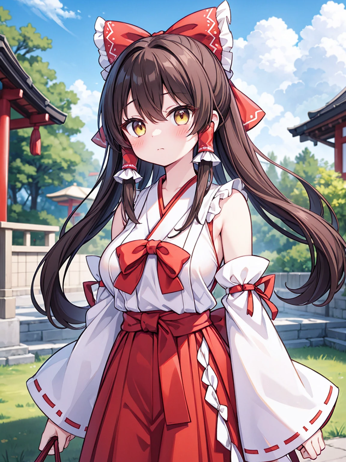 masterpiece, top quality, super detailed, CG illustration, high resolution, better lighting, best shadows, very delicate and beautiful, proper shading, hd, 8k,hakurei reimu, 1girl, solo, long hair, breasts, looking at viewer, blush, bangs, skirt, large breasts, brown hair, black hair, bow, hair between eyes, bare shoulders, closed mouth, standing, yellow eyes, ahoge, hair bow, sidelocks, outdoors, detached sleeves, japanese clothes, sky, day, pants, cloud, wide sleeves, red bow, blue sky, hair tubes, ribbon trim, hakama, hakama skirt, nontraditional miko, ribbon-trimmed sleeves, white sleeves, miko, red hakama
