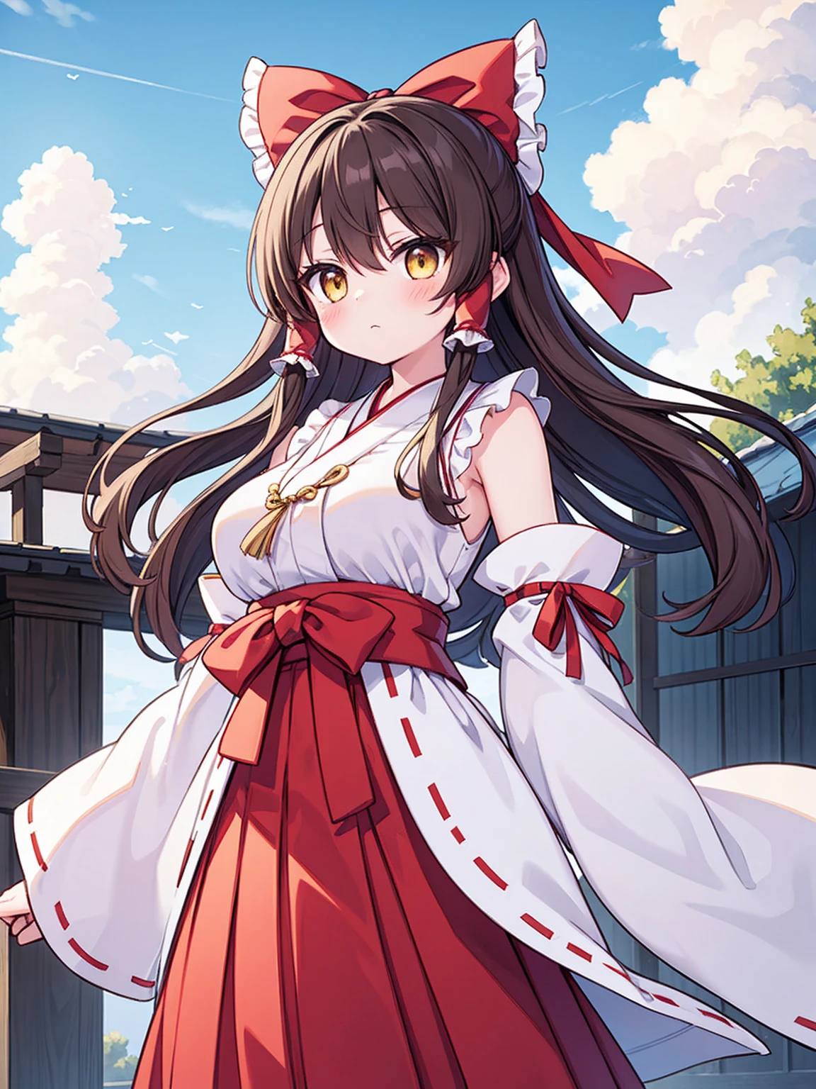 masterpiece, top quality, super detailed, CG illustration, high resolution, better lighting, best shadows, very delicate and beautiful, proper shading, hd, 8k,hakurei reimu, 1girl, solo, long hair, breasts, looking at viewer, blush, bangs, skirt, large breasts, brown hair, black hair, bow, hair between eyes, bare shoulders, closed mouth, standing, yellow eyes, ahoge, hair bow, sidelocks, outdoors, detached sleeves, japanese clothes, sky, day, pants, cloud, wide sleeves, red bow, blue sky, hair tubes, ribbon trim, hakama, hakama skirt, nontraditional miko, ribbon-trimmed sleeves, white sleeves, miko, red hakama