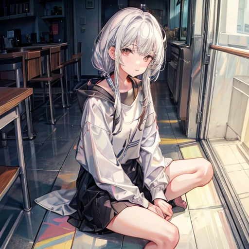 White-haired girl，sit on the floor，Head on knees