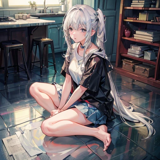 White-haired girl,sit on the floor,Head on knees
