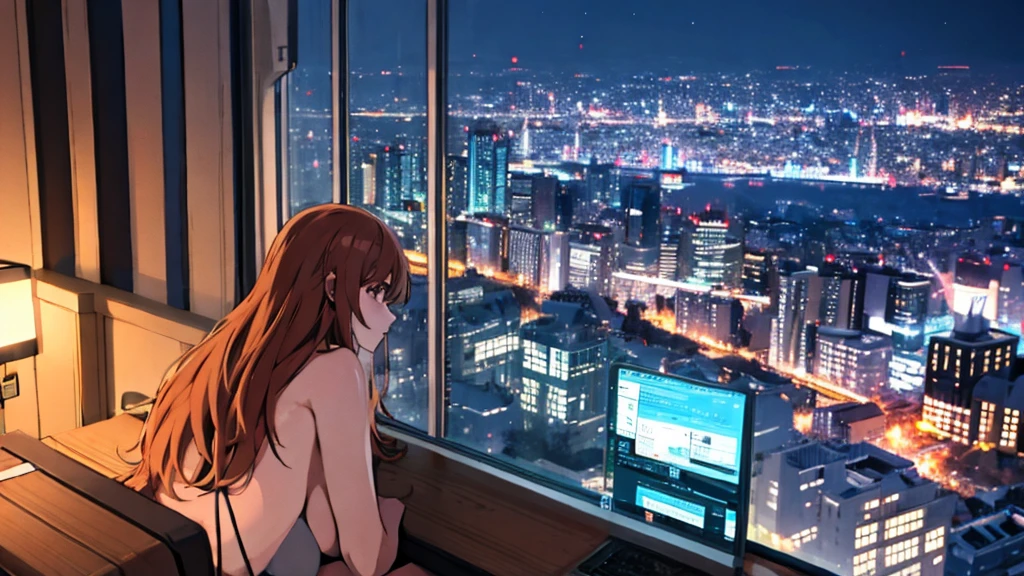 A girl is listening to music on a computer by the window. Outside the window is a night city.