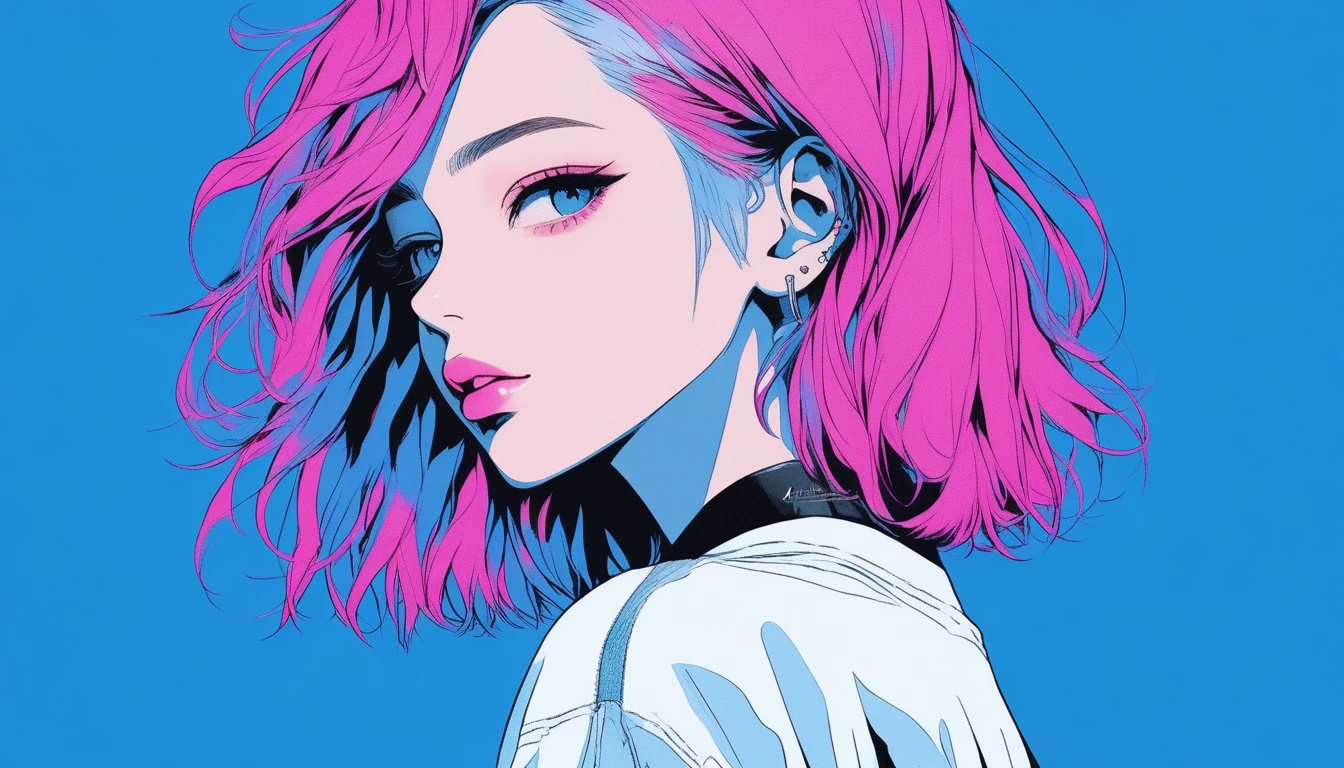 Illustrator, anime , Realistic ,sketch , 1 Girl, ,lip, T-shirt,order,Textured Trim, (masterpiece,Highest quality) Blue background, Neon Hair,Textured Trim, Canadian, (masterpiece,Highest quality) Cancer