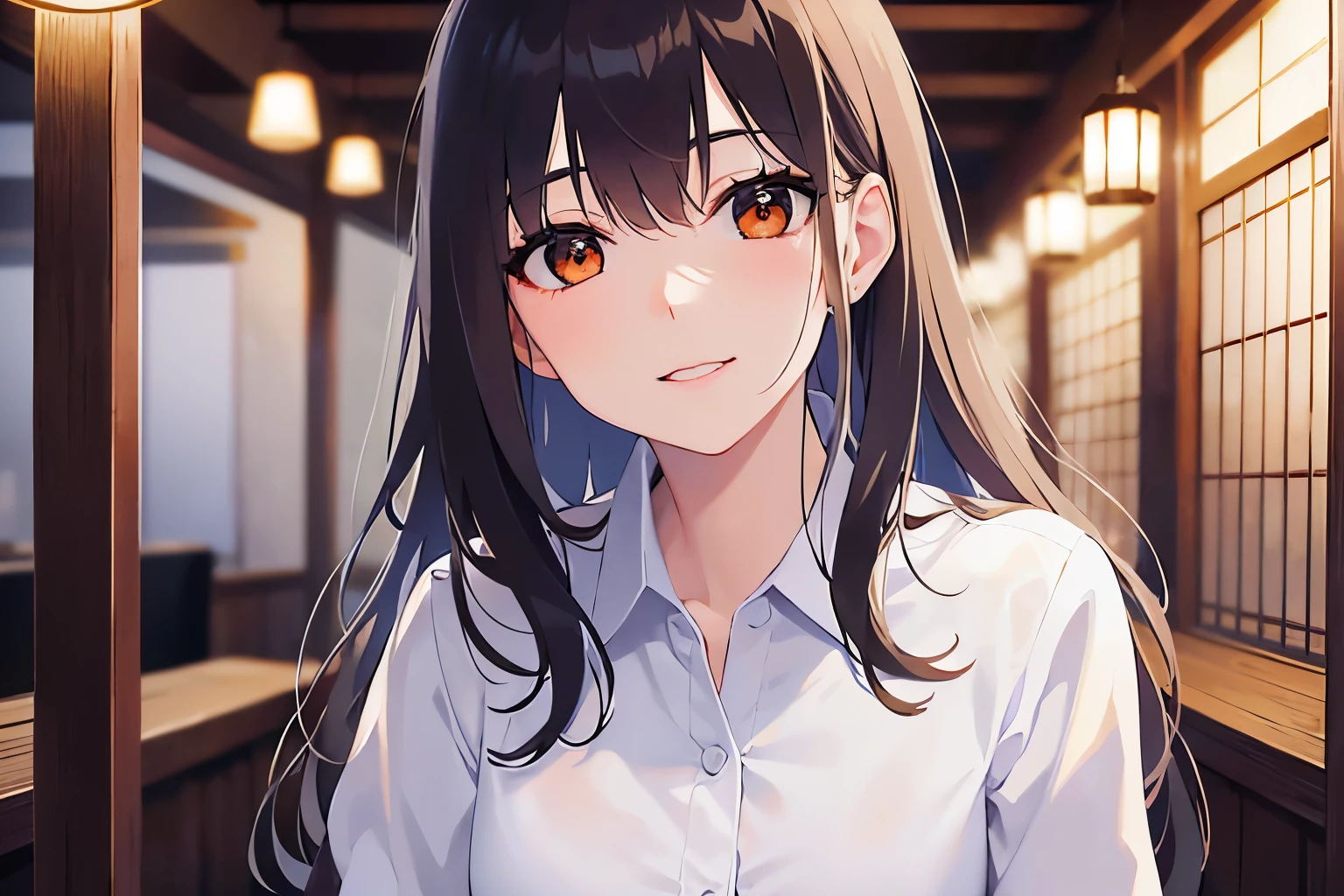 Detailed CG,Ultra-fine illustrations,masterpiece,Highest quality,BREAK(white collared shirt:1.5)BREAK,Realistic,real person,(pale skin: 1.2),RAW photo,photorealistic(Pale skin:1.2),shiny skin,shiny hair,(A 28-year-old woman with medium-length hair and bangs)and(wavy hair)and(brown hair)and(Orange Eyes:1.3),(smile:1.,(head tilt),The background is the interior of an izakaya at night.,alone