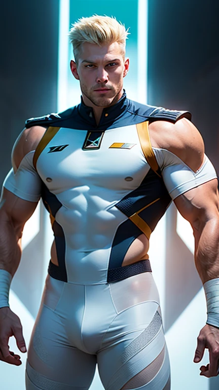 photorealistic image of a muscular, handsome blond man from the future in a transparent, tight-fitting turquoise and white space captain uniform, including decorative bandage, dynamic pose