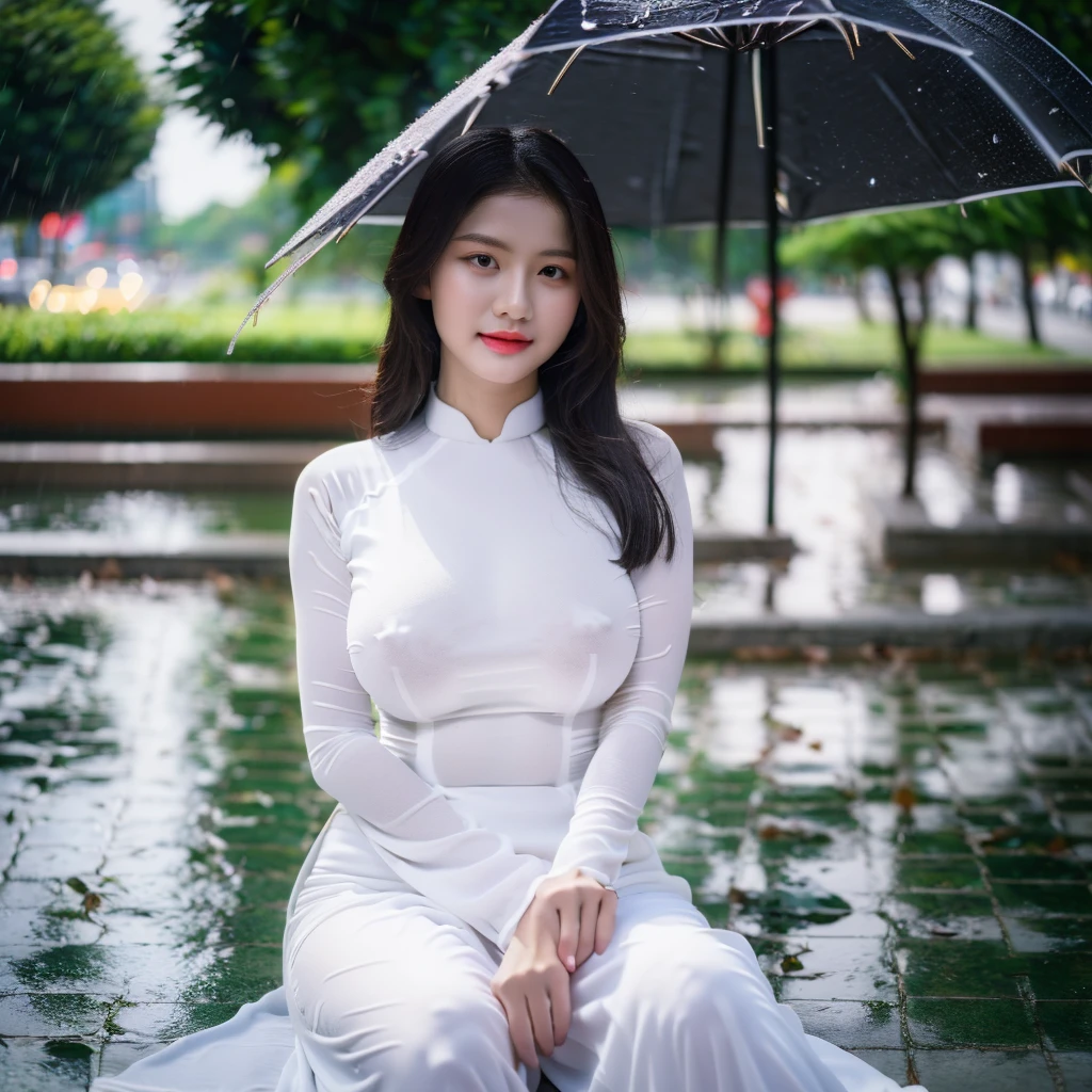 ((Ao Dai, black panties, big breasts, beautiful breasts, no nipples exposed, sitting in the rain, 8k quality photo with good details))