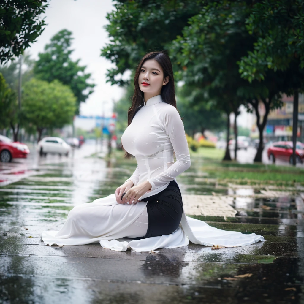 ((Ao Dai, black panties, big breasts, beautiful breasts, no nipples exposed, sitting in the rain, 8k quality photo with good details))