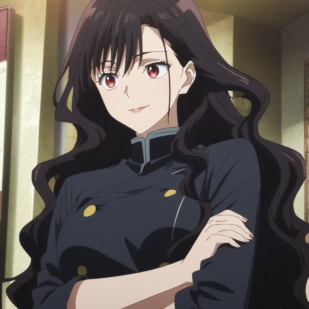 1girl, anime screencap from jujutsu kaisen, solo, very long_hair, ((smooth texture hair)) purple eyes, ((length_hair, black_hair, very_length_hair,wavy hair,red_eye)), breasts, upper_body, smile, indoors, book, black_eyes, lips, (( length_hair, black_hair, very_length_hair,wavy hair, red_eye)) wearing black color uniform with button, breast, "very detailed and high resolution" (red eyes) ((cross arms))  ((smooth texture hair)) ((solo)) ((high resolution)) (Good quality) 