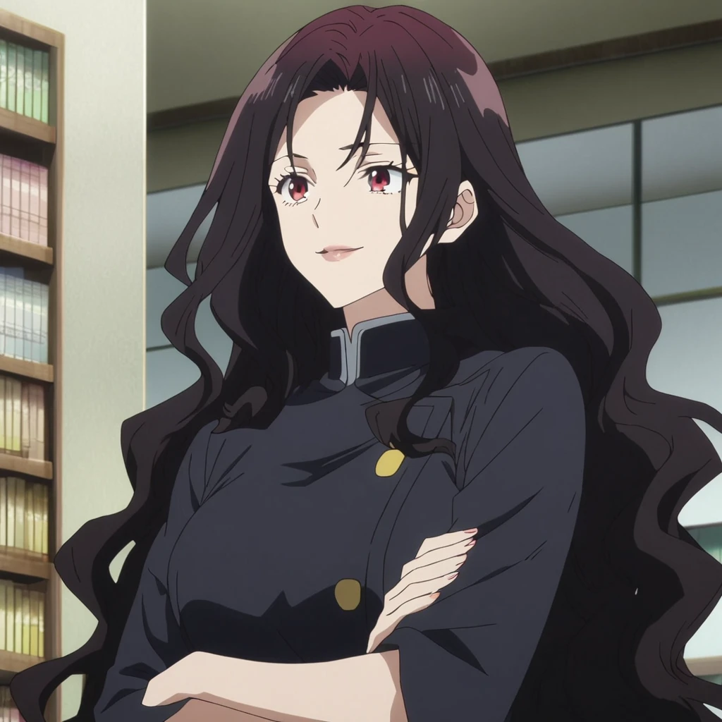1girl, anime screencap from jujutsu kaisen, solo, very long_hair, ((smooth texture hair)) purple eyes, ((length_hair, black_hair, very_length_hair,wavy hair,red_eye)), breasts, upper_body, smile, indoors, book, black_eyes, lips, (( length_hair, black_hair, very_length_hair,wavy hair, red_eye)) wearing black color uniform with button, breast, "very detailed and high resolution" (red eyes) ((cross arms))  ((smooth texture hair)) ((solo)) ((high resolution)) (Good quality) 