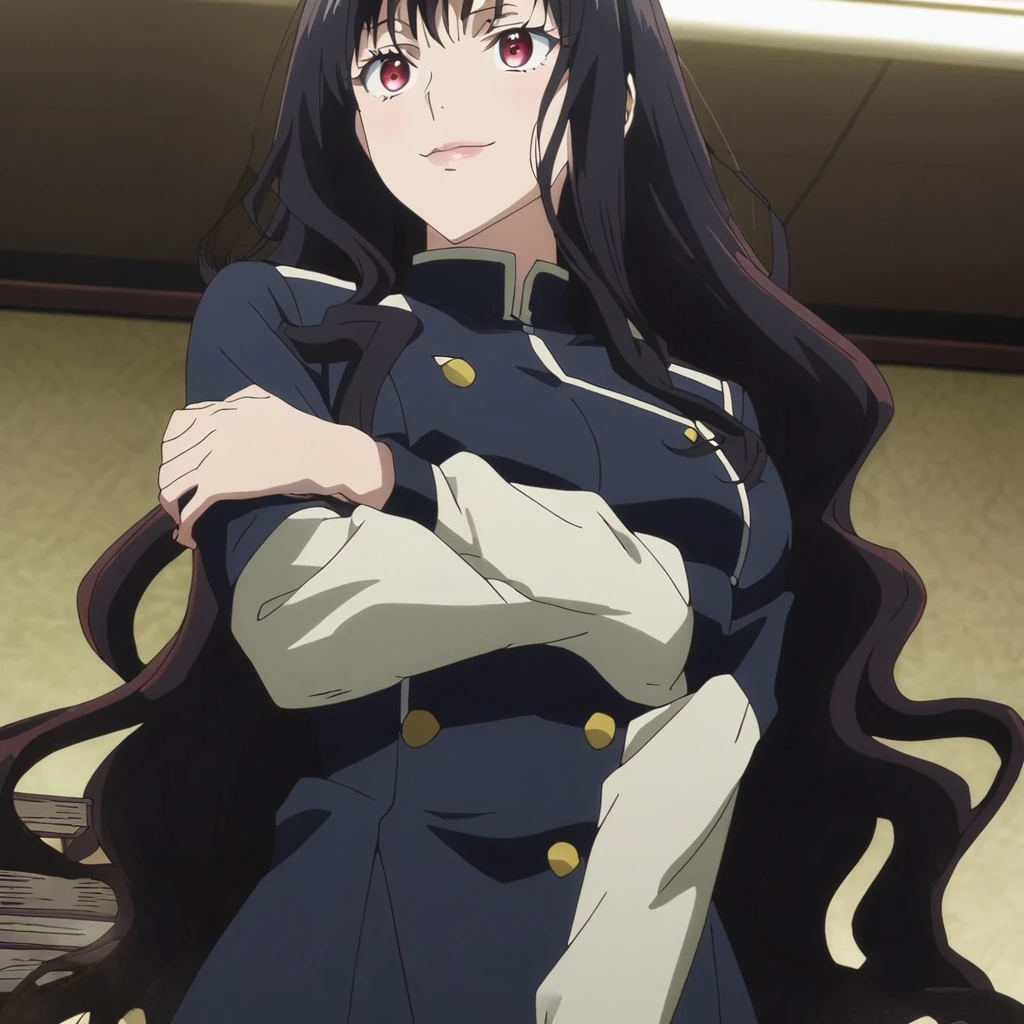 1girl, anime screencap from jujutsu kaisen, solo, very long_hair, ((smooth texture hair)) purple eyes, ((length_hair, black_hair, very_length_hair,wavy hair,red_eye)), breasts, upper_body, smile, indoors, book, black_eyes, lips, (( length_hair, black_hair, very_length_hair,wavy hair, red_eye)) wearing black color uniform with button, breast, "very detailed and high resolution" (red eyes) ((cross arms)) ((smooth texture hair)) ((solo)) ((high resolution)) (Good quality)