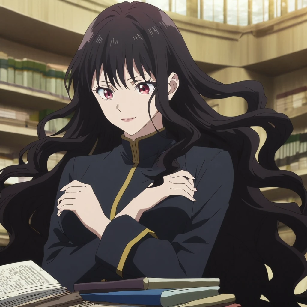 1girl, anime screencap from jujutsu kaisen, solo, very long_hair, ((smooth texture hair)) purple eyes, ((length_hair, black_hair, very_length_hair,wavy hair,red_eye)), breasts, upper_body, smile, indoors, book, black_eyes, lips, (( length_hair, black_hair, very_length_hair,wavy hair, red_eye)) wearing black color uniform with button, breast, "very detailed and high resolution" (red eyes) ((cross arms)) ((smooth texture hair)) ((solo)) ((high resolution)) (Good quality)