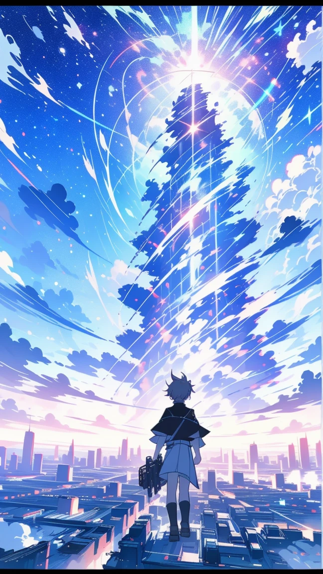 One boy, Full Body Shot,Back view,Perfect hands and fingers, Black clothes, ((Gray Hair)), Look at the sky, Grin, Red and blue moon city night background, wallpaper, Cinematic,High resolution8k, Bright lighting, Lens flare, Sharpness, masterpiece, Highest quality, 超High resolution, High resolution, Extremely detailed CG, Anime Style, Film Portrait Photography,masterpiece,Hyper Detail