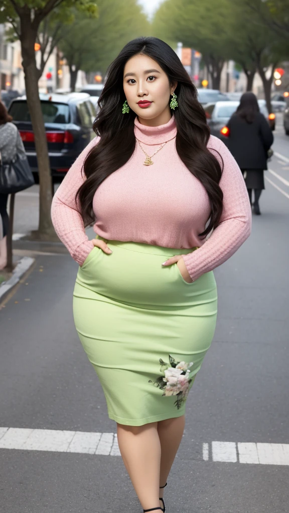 Twin sisters on the street，Two fat women，Very fat，Very fat，Pink and green floral dress (No cleavage),thigh, cosmetic, Outdoor sports, earrings, necklace, turtleneck sweater, High target Neck Knit Bodycon Skirt，full-body shot，Two Asian Japanese women，18 years old，big eyes，elegant temperament elegant temperament，The skin is smooth and white(masterpiece:1.2, best quality), Practical, (The real situation,20 years old， Intricate details, Depth of Field，High target neck clothes), careful, The content is very detailed, This is a perfect face, Perfect body, Large Model, Mature woman, High target，Black mesh garter stockings，8K,best quality, masterpiece, Ultra-high resolution,(lifelike:1.4), original photo, Stay focused, detailed, dramatic, Two exquisite beautiful women, (tall and straight:1.1),(Fat goddess desetallic high collar,High target collar fitted skirt),half butterfly earrings, double ring necklace, (:1.05), (35 years old, : 1.4),Long curly hair, Dynamic Angle, Beautiful graphics, Short skirt and fishnet stockings，High target heel