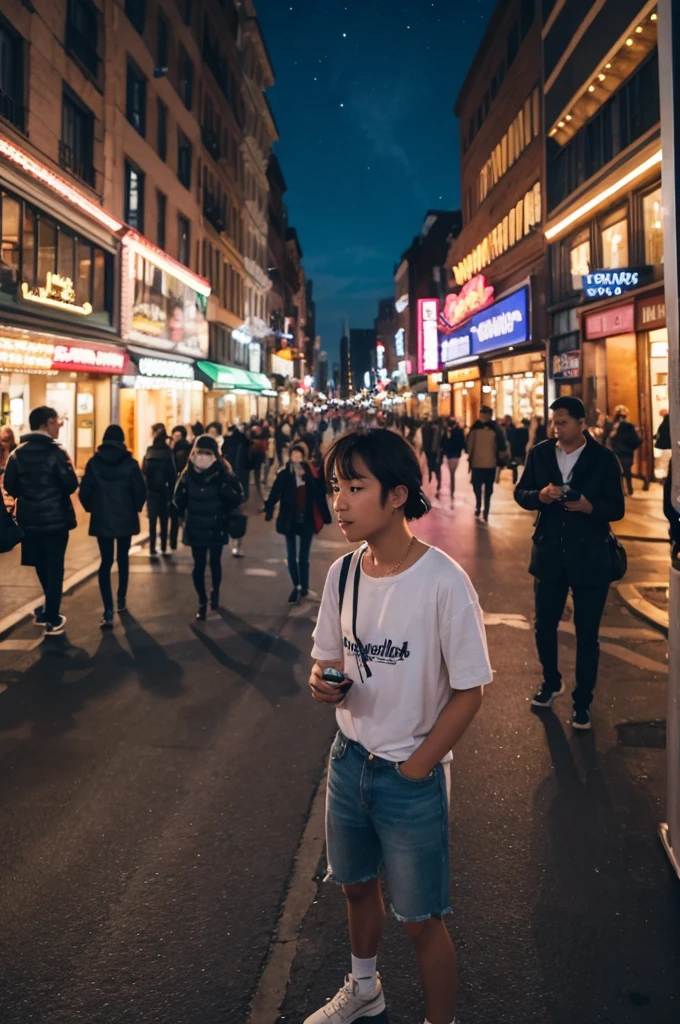 A traveling entertainer in the city at night