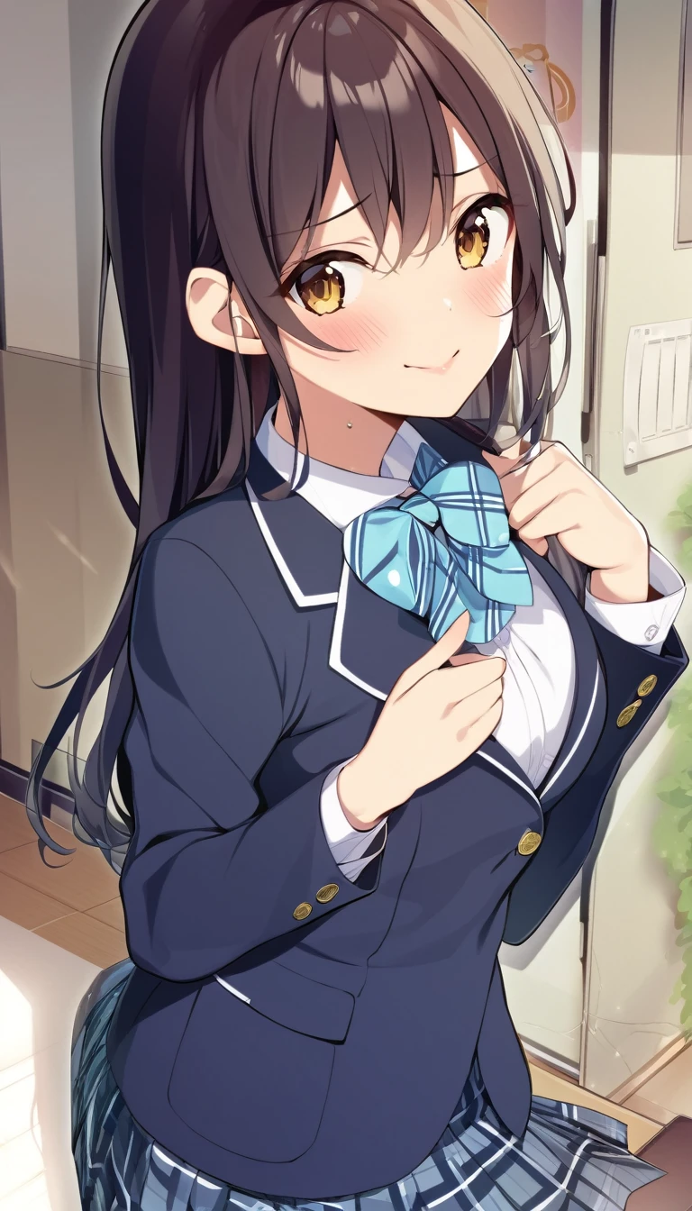 one girl, school blazer, plaid skirt, my best friend, cheerful girl, cute, blush