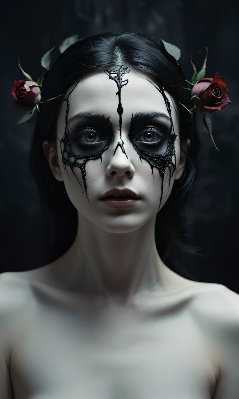 nude pretty female head, black rose, dark, focus eyes, . Eerie, unsettling, dark, spooky, suspenseful, grim, highly detailed, , surrealism