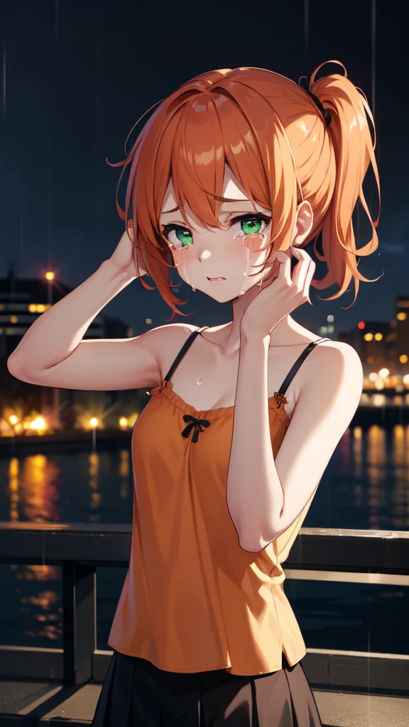 gonzarez, masterpiece, , 1girl, solo, , green eyes, orange hair , side ponytail, skirt, camisole, looking at viewers ,  crying, close eyes, tears, raining, outside, city background, night, we