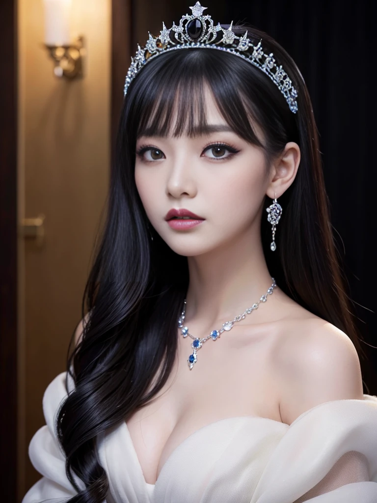 Highest quality、masterpiece、8K、Award-winning works、Hyperrealism、A vampire princess、恐ろしいA vampire princess、Natural forehead、spooky、White skin、Wicked Makeup、The most detailed and beautiful face、The relentless gaze、look at me、Long eyelashes、spookyなメイク、Black Lips、eye shadow、艶のあるBlack Lips、Highest qualityのウルトラHDスキン、The most detailed eyes、(The most luxurious and Highest quality giant tiara、The most luxurious and Highest quality giant necklace、、The most gorgeous and luxurious black princess dress)、Cleavage、Pitch black background 1.2、dark、Beautiful long wavy hair、Shiny Hair、Intermediate Photo 1.5、God&#39;s light shines、Lace fabric 1.5、(((透き通る様なLace fabric 1.5)))，Off the shoulder、