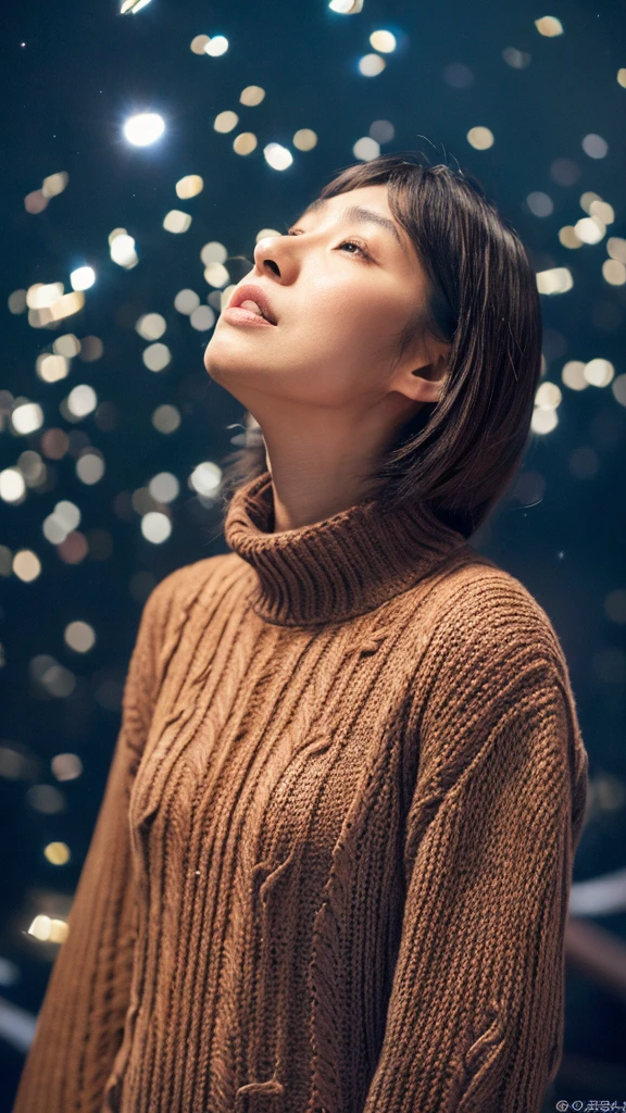 (knitwear), (Top quality, masterpiece:1.3, Ultra-high resolution), (Photorealistic:1.4, RAW Shooting), Ultra-realistic capture, Very detailed, HD 16K,Suitable for human skin, Melancholy, Thin Japanese woman, 30 years old, Cute face, ((Sad face)), Delicate face, Delicate eyes, ((Correct anatomy)), Dark-haired, Zhongfa, ((Starry night sea background)), (((Looking up at the starry sky))), Hair blowing in the wind
