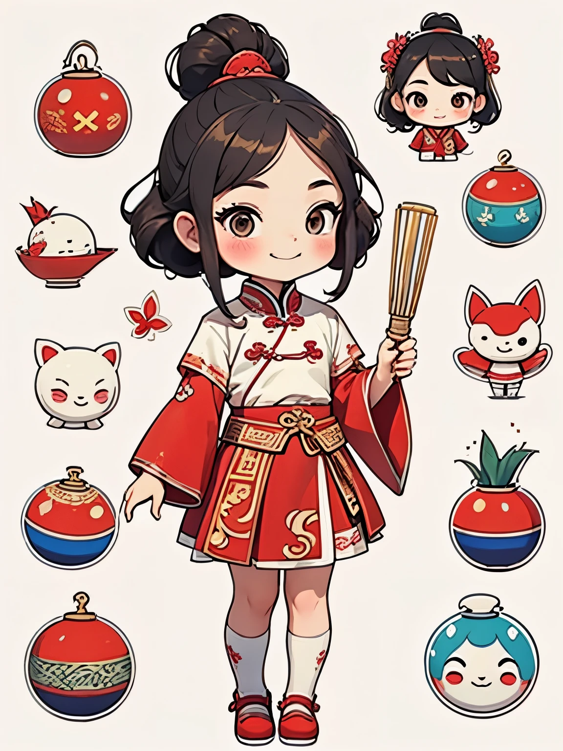 5-year-old girl，Costume girl，Chinese Tang dynasty girl，Red and white clothes，Over-the-knee long skirt，permanent，Embroidered shoes，Ball head hairstyle，Full body standing，Smile，Blank Background