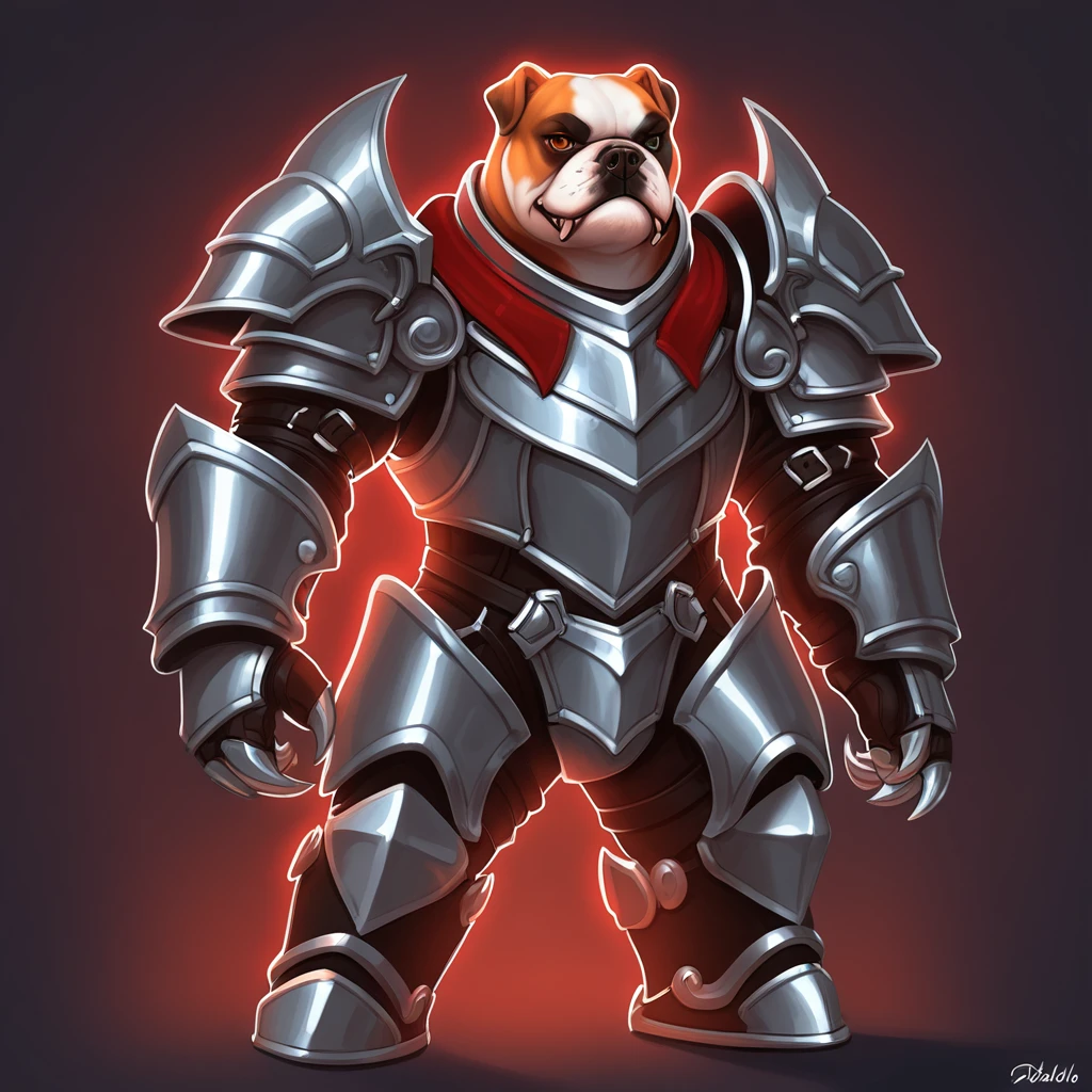 Bulldog in a Suit of armor in Diablo art style