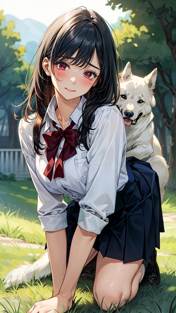 (masterpiece:1.2, top-quality), (realistic, photorealistic:1.4), beautiful illustration, (natural side lighting, movie lighting),
looking at viewer, (extreme close-up, from side), 1 girl, japanese, high school girl, perfect face, (perfect anatomy), cute and symmetrical face, shiny skin,
(middle hair, straight hair, black hair), asymmetrical bangs, dark red eyes, long eye lasher, (medium breasts, seductive thighs, big ass),
beautiful hair, beautiful face, beautiful detailed eyes, beautiful clavicle, beautiful body, beautiful chest, beautiful thigh, beautiful legs,
((insanely detailed clothes, white collared shirt, navy pleated skirt, dark red bow tie)), navy sIn a grassy meadow, a girl is on all fours, and a large dog is holding her from behind, holding her back, and mating with her in the doggy position.
Her face is bright red and flushed, her eyes are closed, her mouth is open and she cries out.chool
(beautiful scenery), depth of field, evening, (