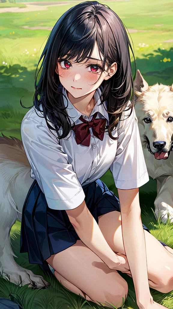 (masterpiece:1.2, top-quality), (realistic, photorealistic:1.4), beautiful illustration, (natural side lighting, movie lighting),
looking at viewer, (extreme close-up, from side), 1 girl, japanese, high school girl, perfect face, (perfect anatomy), cute and symmetrical face, shiny skin,
(middle hair, straight hair, black hair), asymmetrical bangs, dark red eyes, long eye lasher, (medium breasts, seductive thighs, big ass),
beautiful hair, beautiful face, beautiful detailed eyes, beautiful clavicle, beautiful body, beautiful chest, beautiful thigh, beautiful legs,
((insanely detailed clothes, white collared shirt, navy pleated skirt, dark red bow tie)), navy sIn a grassy meadow, a girl is on all fours, and a large dog is holding her from behind, holding her back, and mating with her in the doggy position.
Her face is bright red and flushed, her eyes are closed, her mouth is open and she cries out.chool
(beautiful scenery), depth of field, evening, (