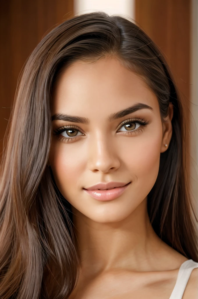 A visually stunning, photorealistic digital illustration of Gabriela Fernandes, a gorgeous 29-year-old Brazilian woman with an angelic, model-like appearance. She has long, silky blonde hair that frames her delicate features, and captivating honey-colored eyes that draw the viewer in. Gabriela's complexion is flawless, with glowing, healthy skin. She is wearing a stylish, form-fitting outfit that accentuates her fit, curvaceous physique. The illustration captures every nuance of Gabriela's beauty, from the subtle highlights in her hair to the warmth of her genuine, radiant smile., UHD, masterpiece, anatomically correct, super detail, high details, high quality, best quality, 8k, style raw.
