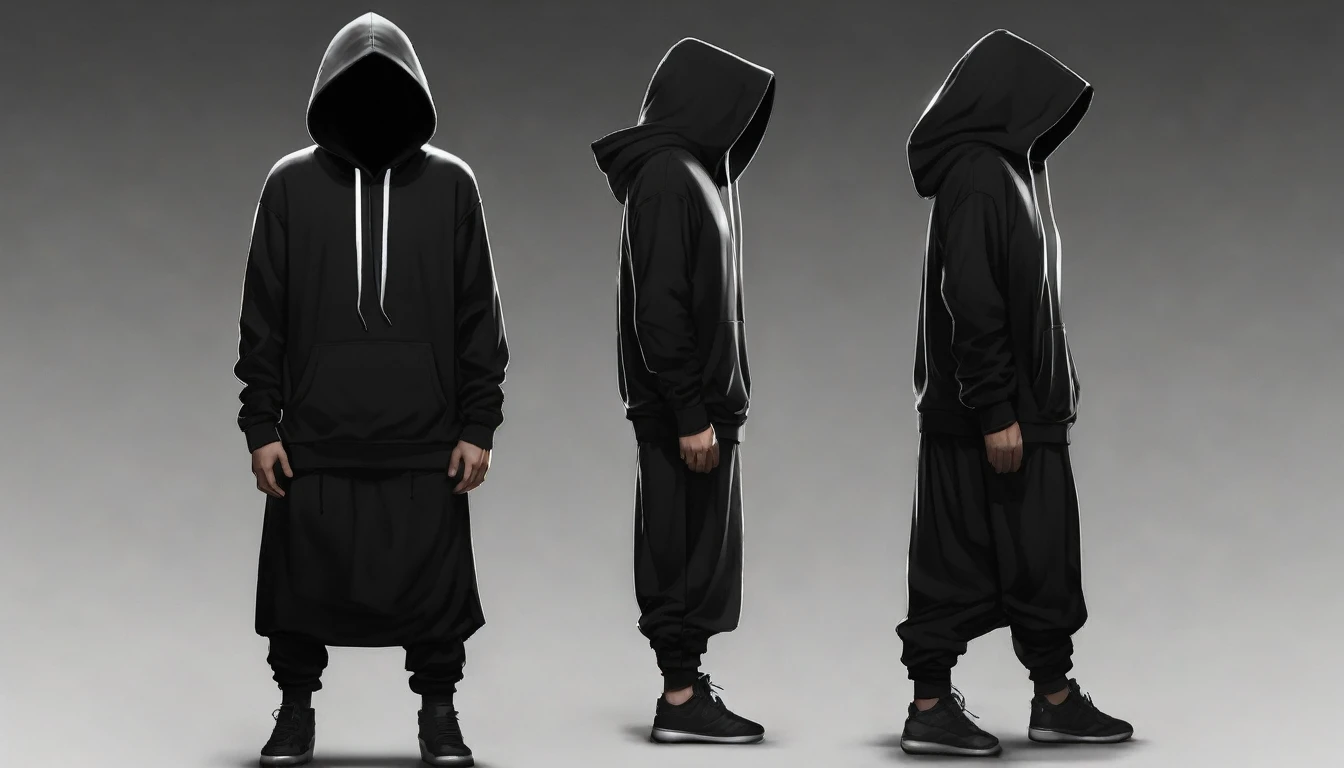 A character in dark clothing , black sweatshirt and hoodie , faceless , with a glowing effect, with solid white background, hyperrealistic,  high quality, ultra detailed