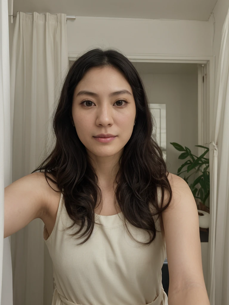 1girl, solo, photorealistic, realistic, middle age, a 30-year-old woman, ordinary mature woman, Japanese woman, Japanese woman, Japanese face, body of 30-year-old woman, (curly black hair), long hair, dark eyes, small nose, pointy jawline, deep cheekbones, shovel-shaped incisor teeth, pale-white skin, ((((selfie shot))), rich curtain side, clothed, (((upper body only)))