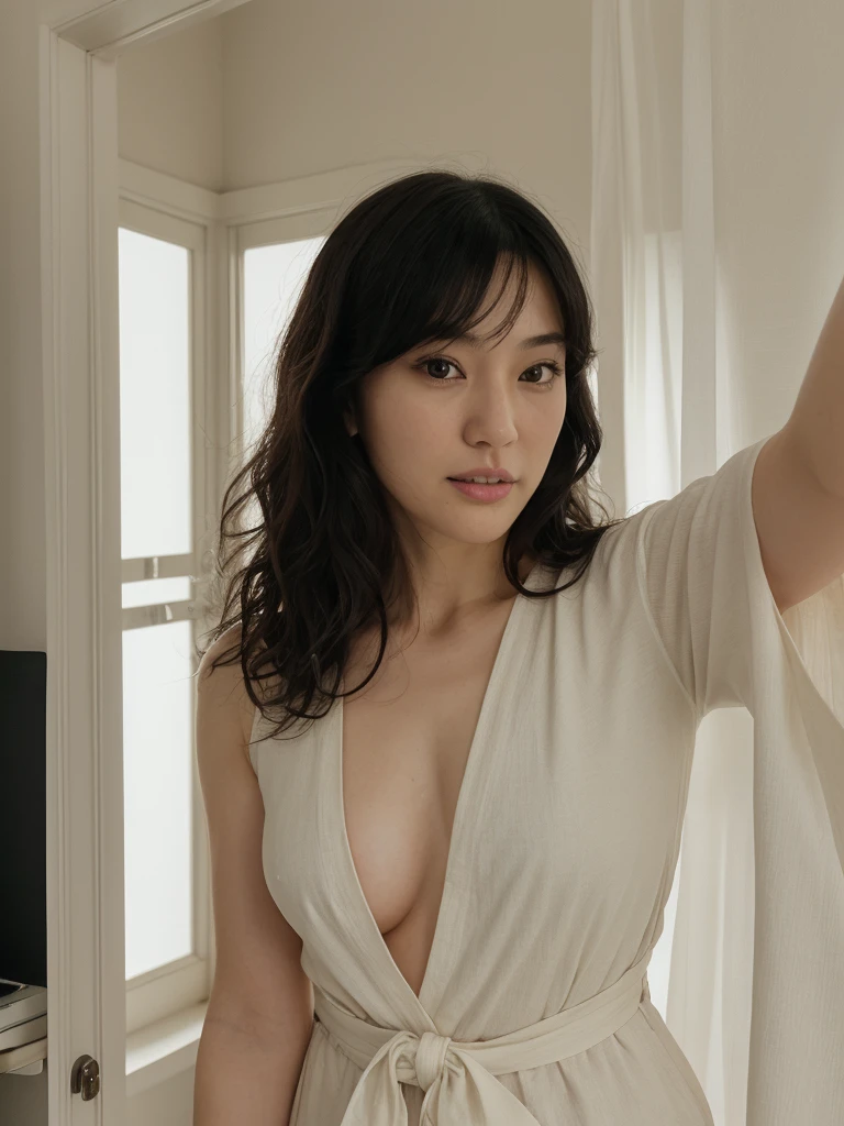 1girl, solo, photorealistic, realistic, middle age, a 30-year-old woman, ordinary mature woman, Japanese woman, Japanese woman, Japanese face, body of 30-year-old woman, (curly black hair), long hair, dark eyes, small nose, pointy jawline, deep cheekbones, shovel-shaped incisor teeth, pale-white skin, ((((selfie shot))), rich curtain side, clothed, (((upper body only)))
