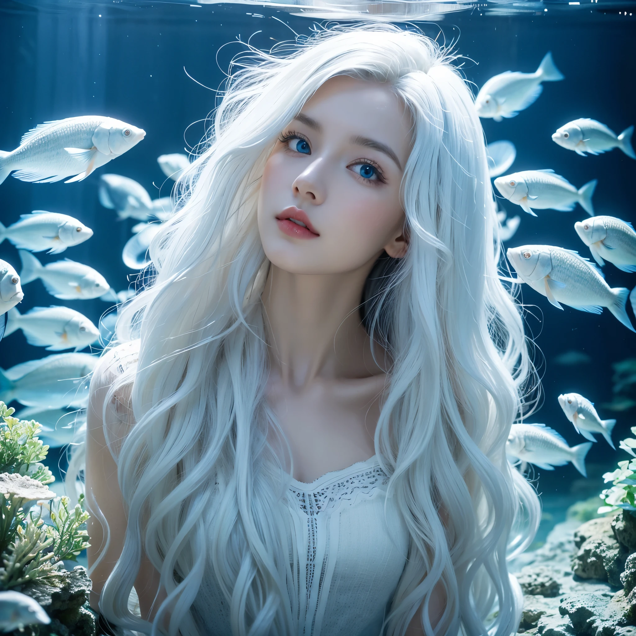 1 woman, White long curly hair，Natural and beautiful hair, clean and beautiful. White hair. Close lips. Blue natural eyes. Black clothes.. fish. Natural. Aquarium. 