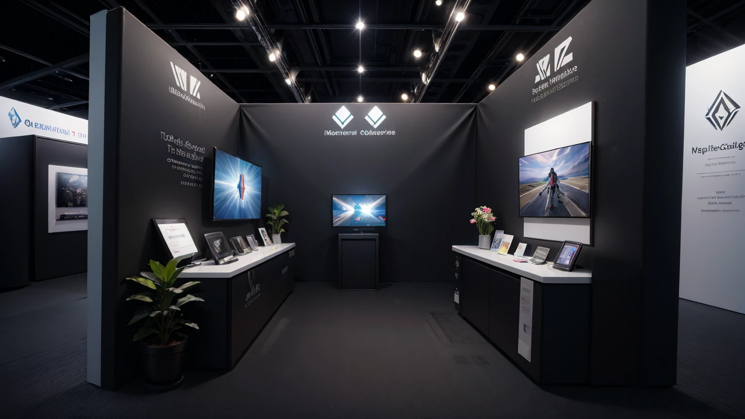 Metaverse Exhibition Companies set up booths in a metaverse space to showcase the latest technologies and projects. Participants navigate through the virtual space and visit each booth. perfect pictures, super realistic image