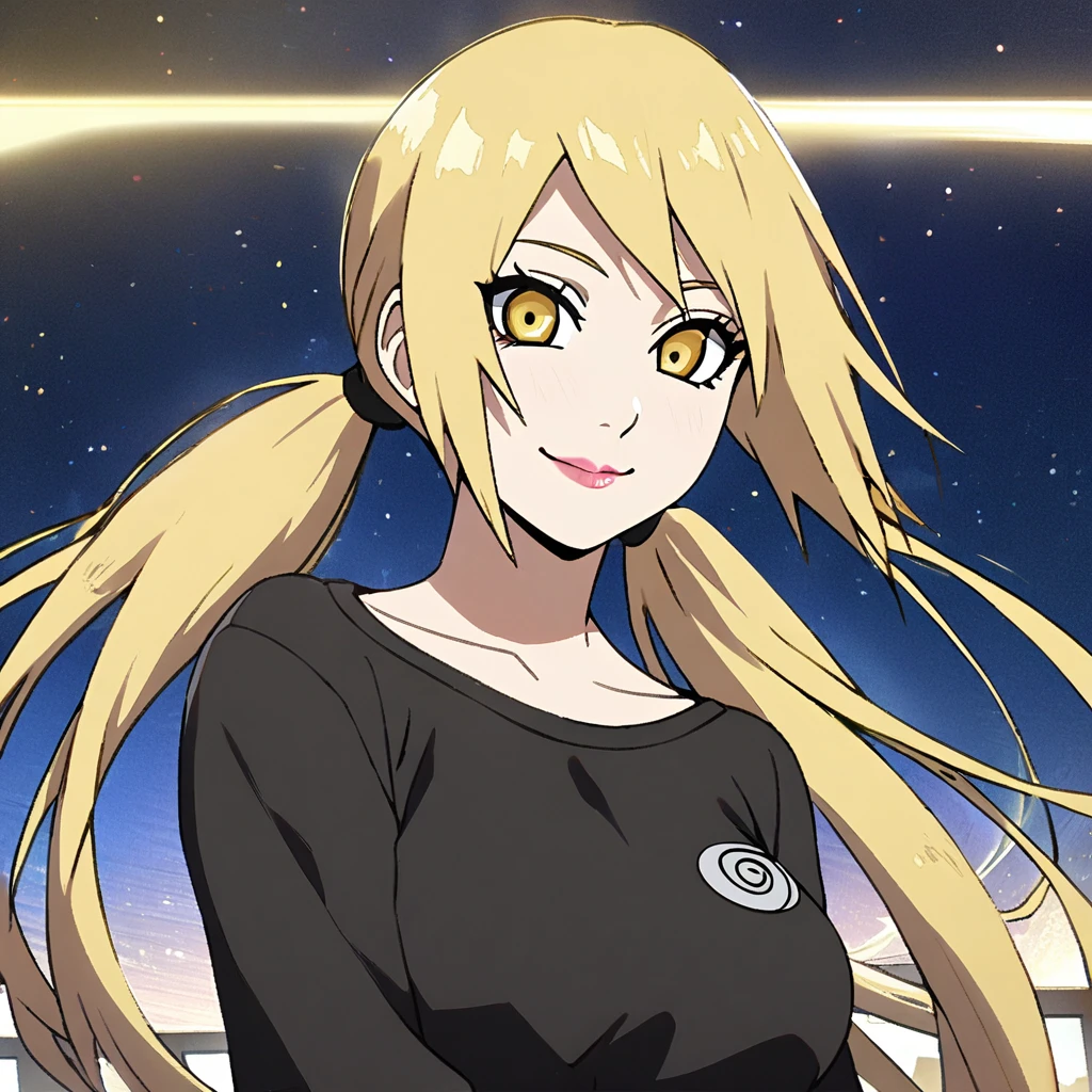 1girl, female Naruto , Naruto female version, solo, very long_hair, (( twintail)) yellow eyes, ((very long yellow_hair)), night view, breasts, upper_body, smile, yellow_eyes, lips, (yellow hair)  wearing black color sweater, breast, "very detailed and high resolution" (yellow eyes)  ((solo)) ((high resolution)) (Good quality),((front view))