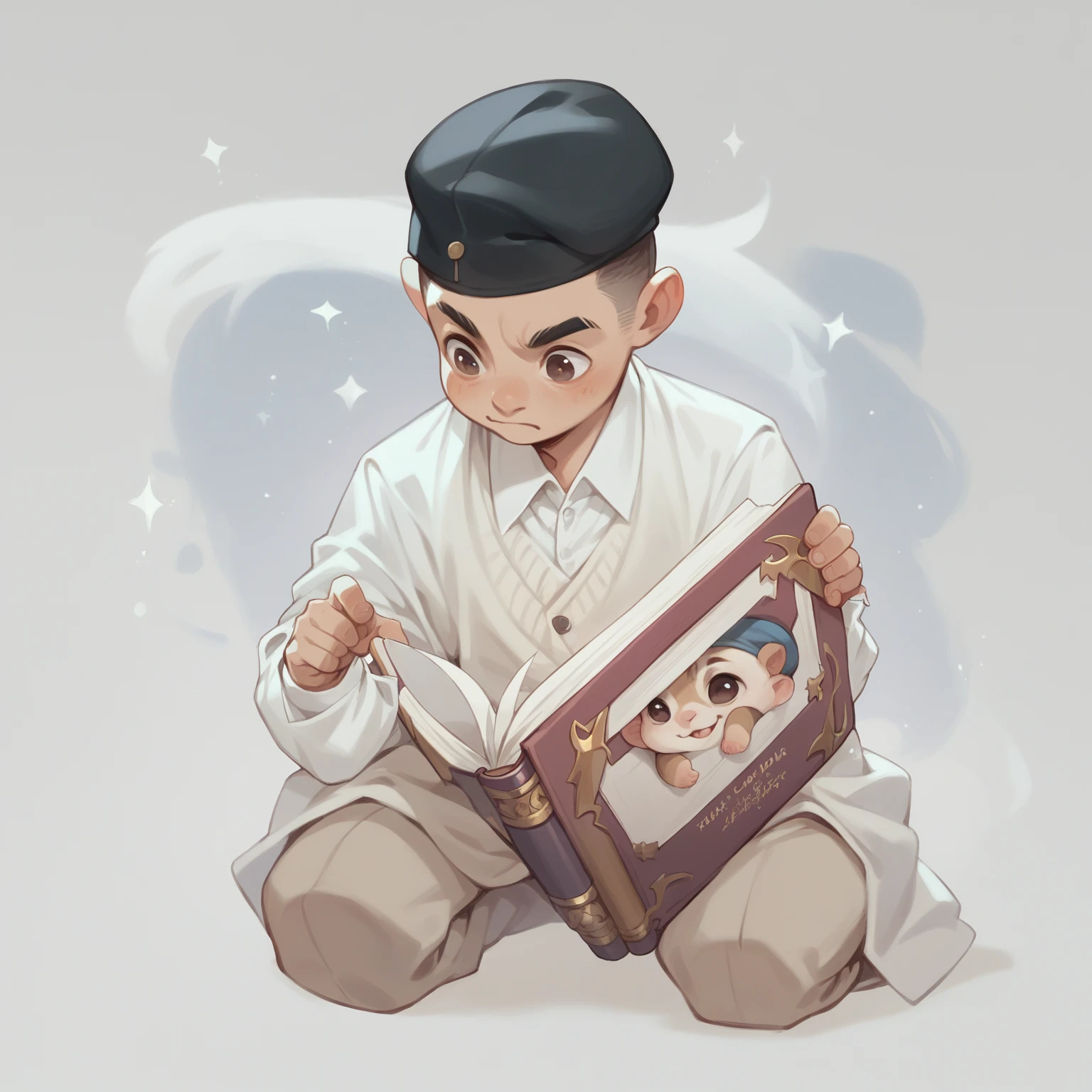 Create an image of a super cute baby in the library holding a book of the 48 laws of power, The baby has to be dressed in a suit and beret