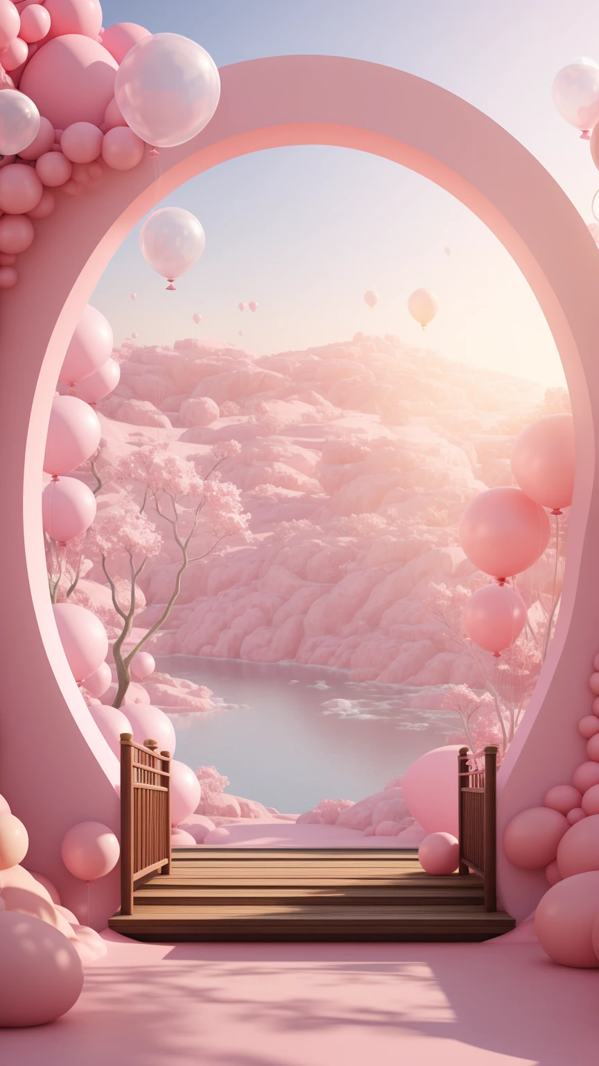 There is a pink and white arch,There are balloons and benches, Pink Zen Style, Pink Landscape, Dreamlike scene, Overlooking the pink ocean, 3D rendering style, Stylized 3d rendering, Hyper-realistic 3D rendering, bubble landscape, Surreal dream landscape, 3 d stylize scene, Stylized as 3D rendering, Dreamy atmosphere and dramatic effects