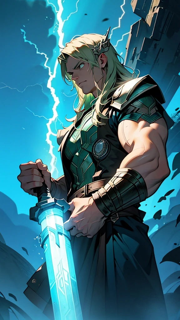 Thor,viking,hammer,metallic filters, blue background,blue background, lightning effect, sombre, shade green