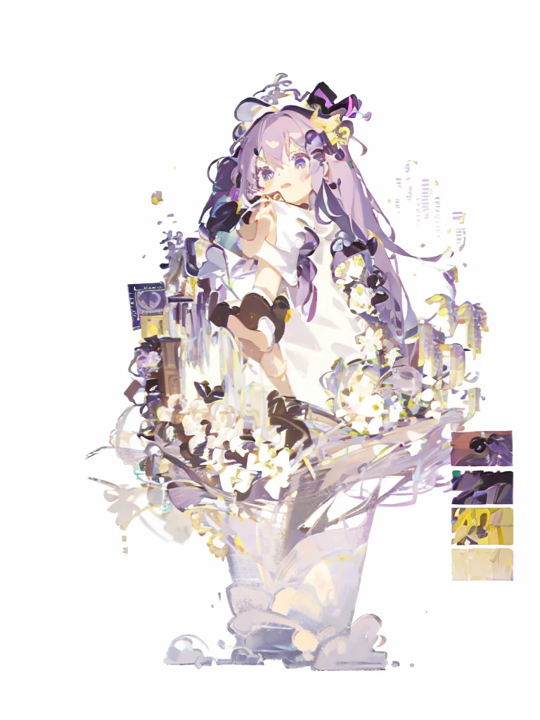 A girl，Bangs，（Standing picture），（whole body），Character Design，Long hair，Fashion Design，Complex headdress，Complex clothes，cute，Everyday wear，Purple Hair，bandage，Tutu，Bow
