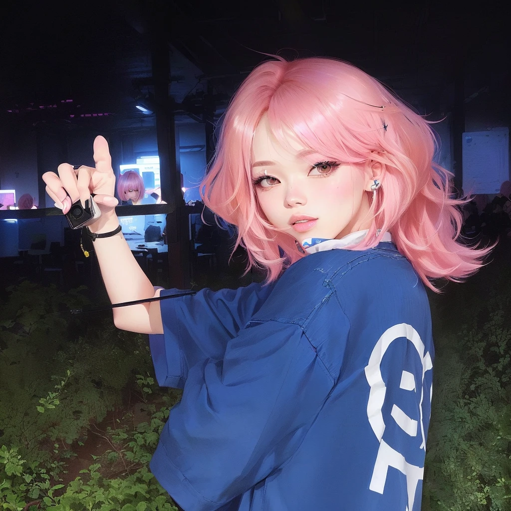 blond woman with pink hair and blue shirt holding up a cell phone, Ulzan, with pink hair, Electronic Girl, Electronic Girl, cute girl with short pink hair, jossi of blackpink, portrait of jossi of blackpink, Roseanne Park of Blac, Xuan Yunzhu, blue blac, ((pink)), pink straight hair, (pink colors)