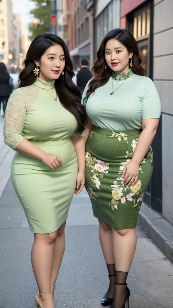 Twin sisters on the street,Two fat women,Very fat,Very fat,Pink and green floral dress (No cleavage),thigh, cosmetic, Outdoor sports, earrings, necklace, turtleneck sweater, High target Neck Knit Bodycon Skirt,full-body shot,Two Asian Japanese women,18 years old,big eyes,elegant temperament elegant temperament,The skin is smooth and white(masterpiece:1.2, best quality), Practical, (The real situation,20 years old, Intricate details, Depth of Field,High target neck clothes), careful, The content is very detailed, This is a perfect face, Perfect body, Large Model, Mature woman, High target,Black mesh garter stockings,8K,best quality, masterpiece, Ultra-high resolution,(lifelike:1.4), original photo, Stay focused, detailed, dramatic, Two exquisite beautiful women, (tall and straight:1.1),(Fat goddess desetallic high collar,High target collar fitted skirt),half butterfly earrings, double ring necklace, (:1.05), (35 years old, : 1.4),Long curly hair, Dynamic Angle, Beautiful graphics, Short skirt and fishnet stockings,High target heel