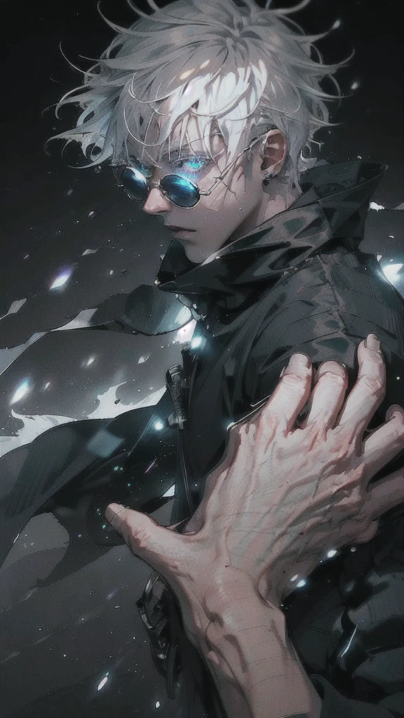 1 boy,rim light,looking_at_screen,masterpiece,best quality,solo,Gojo Satoru,highest detailed.sunglasses,Glowing eyes,white hair,