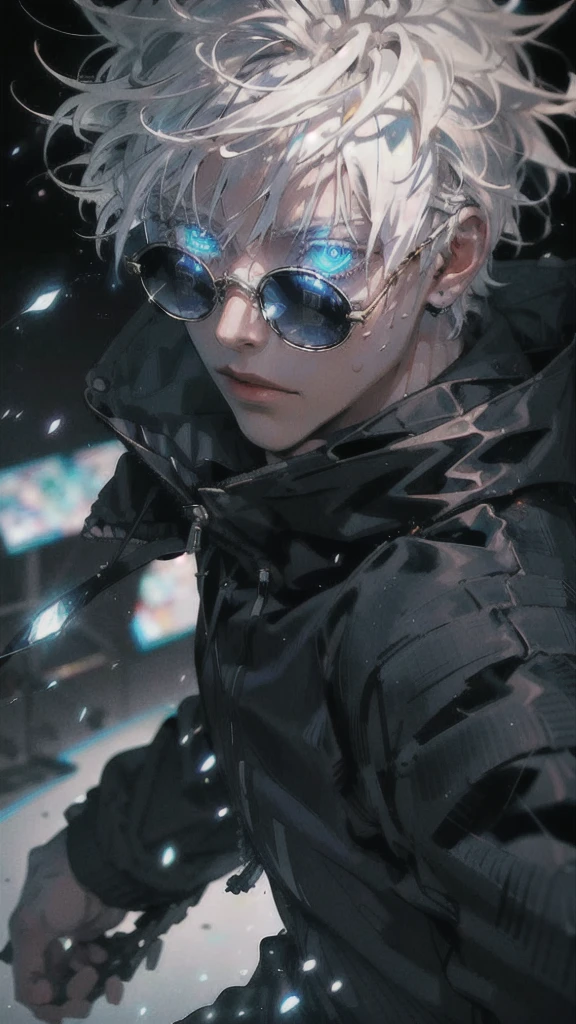 1 boy,rim light,looking_at_screen,masterpiece,best quality,solo,Gojo Satoru,highest detailed.sunglasses,Glowing eyes,white hair,