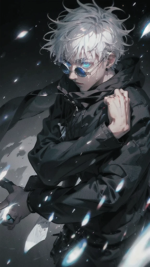 1 boy,rim light,looking_at_screen,masterpiece,best quality,solo,Gojo Satoru,highest detailed.sunglasses,Glowing eyes,white hair,