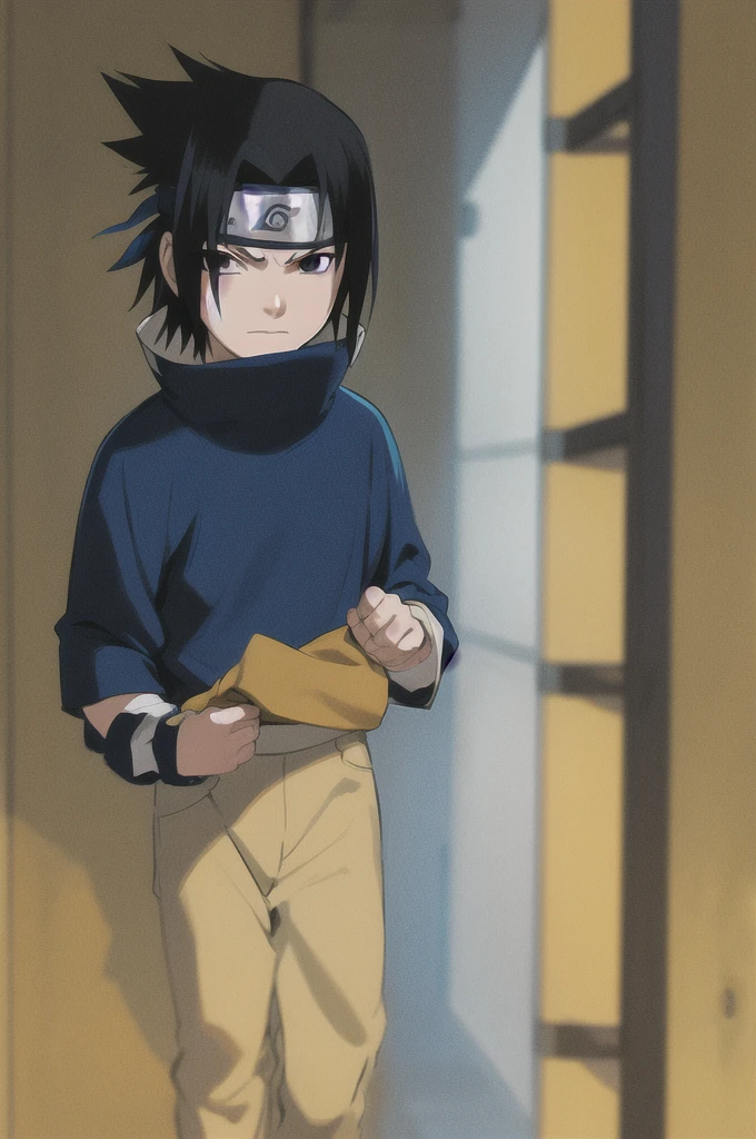 masterpiece, best quality, 1boy,  uchiha sasuke,  black hair, black eyes, forehead protector,  blue shirt, close up, solo, looking at viewer, sketch, simple background 