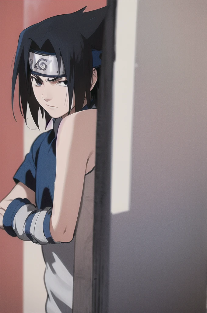 masterpiece, best quality, 1boy, uchiha sasuke, black hair, black eyes, forehead protector, blue shirt, close up, solo, looking at viewer, sketch, simple background
