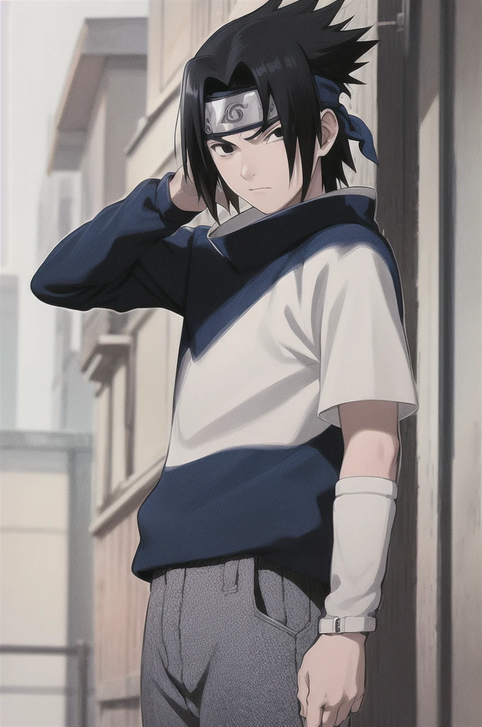 masterpiece, best quality, 1boy, uchiha sasuke, black hair, black eyes, forehead protector, blue shirt, close up, solo, looking at viewer, sketch, simple background