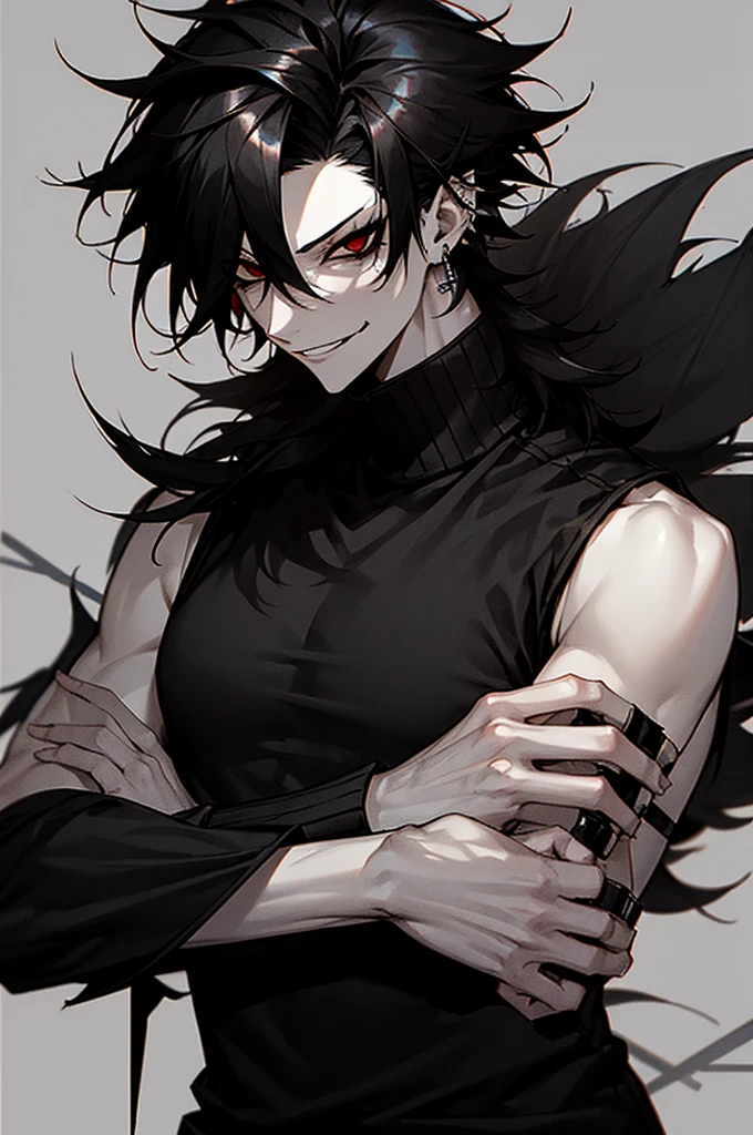 Pale skin, black hair, spiked hair, emo hair, emo, scene, scenmo, male, boy, red eyes, goth, black eyeshadow, glaring at camera, glare, black turtleneck, sleeveless shirt, black sweatpants, cargo pants, converse, long hair, looking down, smirk, smiling