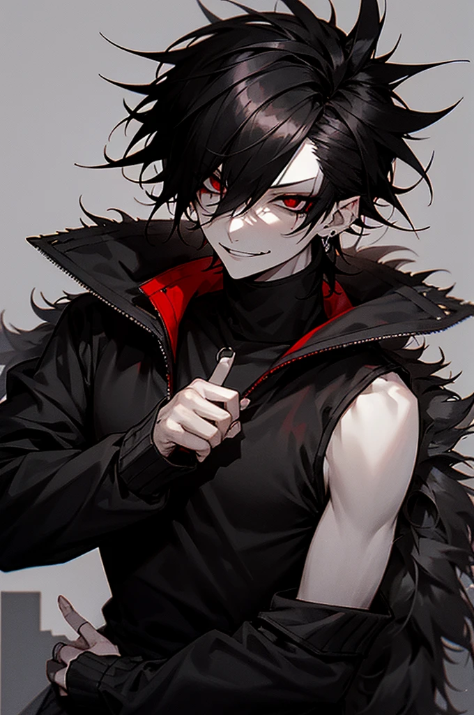 Pale skin, black hair, spiked hair, emo hair, emo, scene, scenmo, male, boy, red eyes, goth, black eyeshadow, glaring at camera, glare, black turtleneck, sleeveless shirt, black sweatpants, cargo pants, converse, long hair, looking down, smirk, smiling