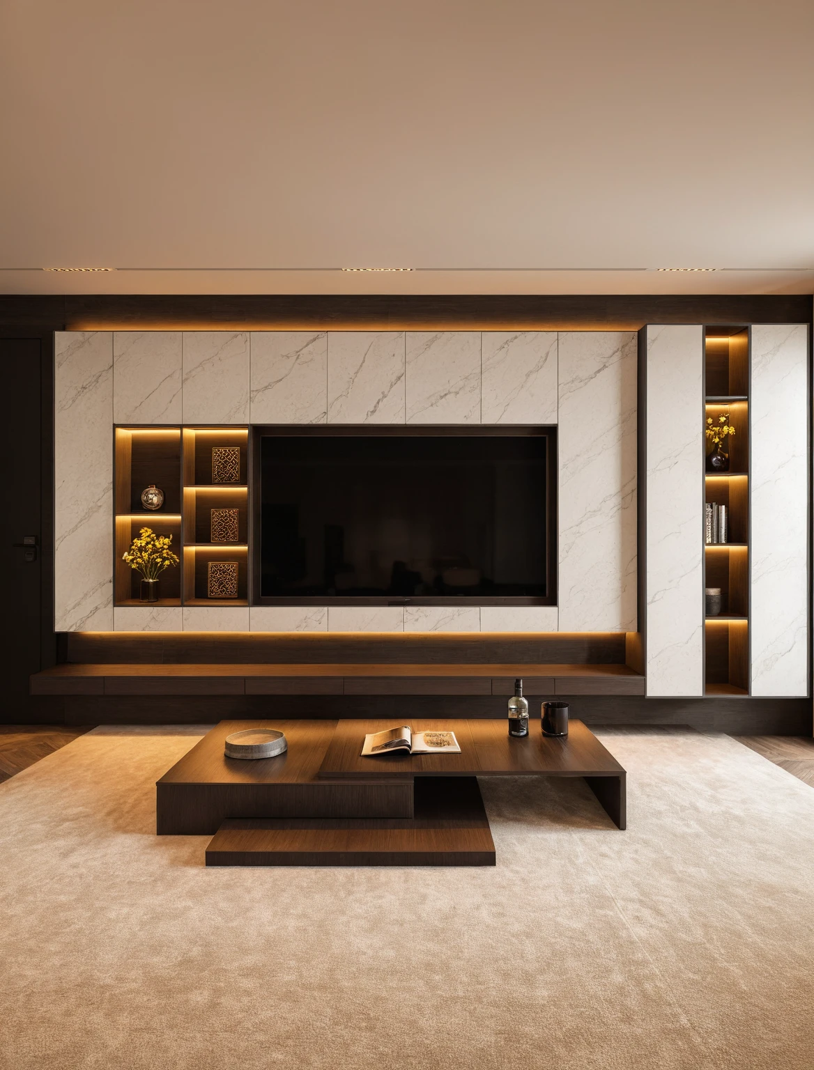 Raw photo,Masterpiece, high quality, best quality, authentic, super detail, interior , sunset, daylight, Modern luxury style living room, TV cabinet, TV, decorative cabinet, books, flower vases, bottles, tea table, tray, wine bottle, open book, carpet, wooden floor, curve, marble cliffs,
