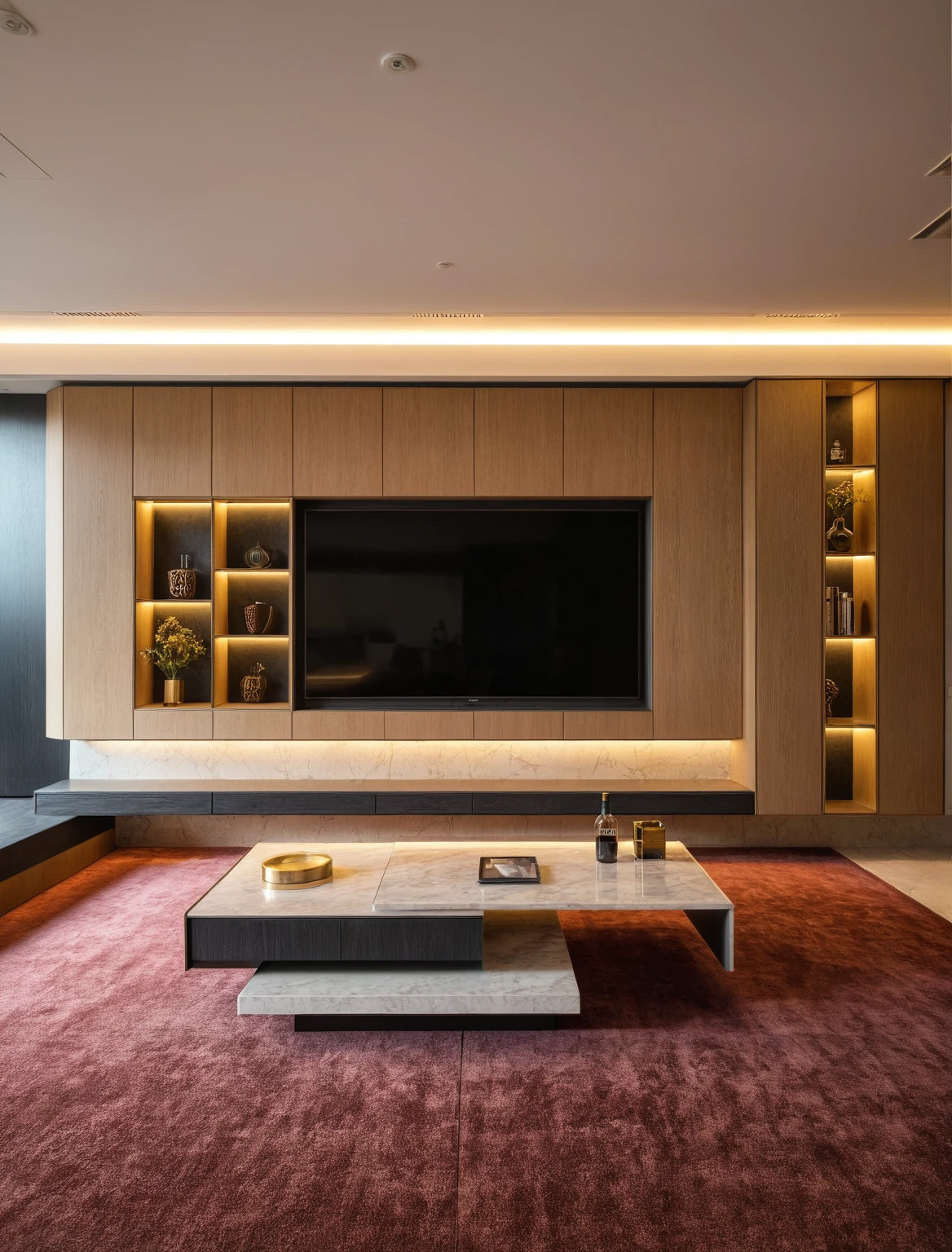 Raw photo,Masterpiece, high quality, best quality, authentic, super detail, interior , sunset, daylight, Modern luxury style living room, TV cabinet, TV, decorative cabinet, books, flower vases, bottles, tea table, tray, wine bottle, open book, carpet, wooden floor, curve, marble cliffs,