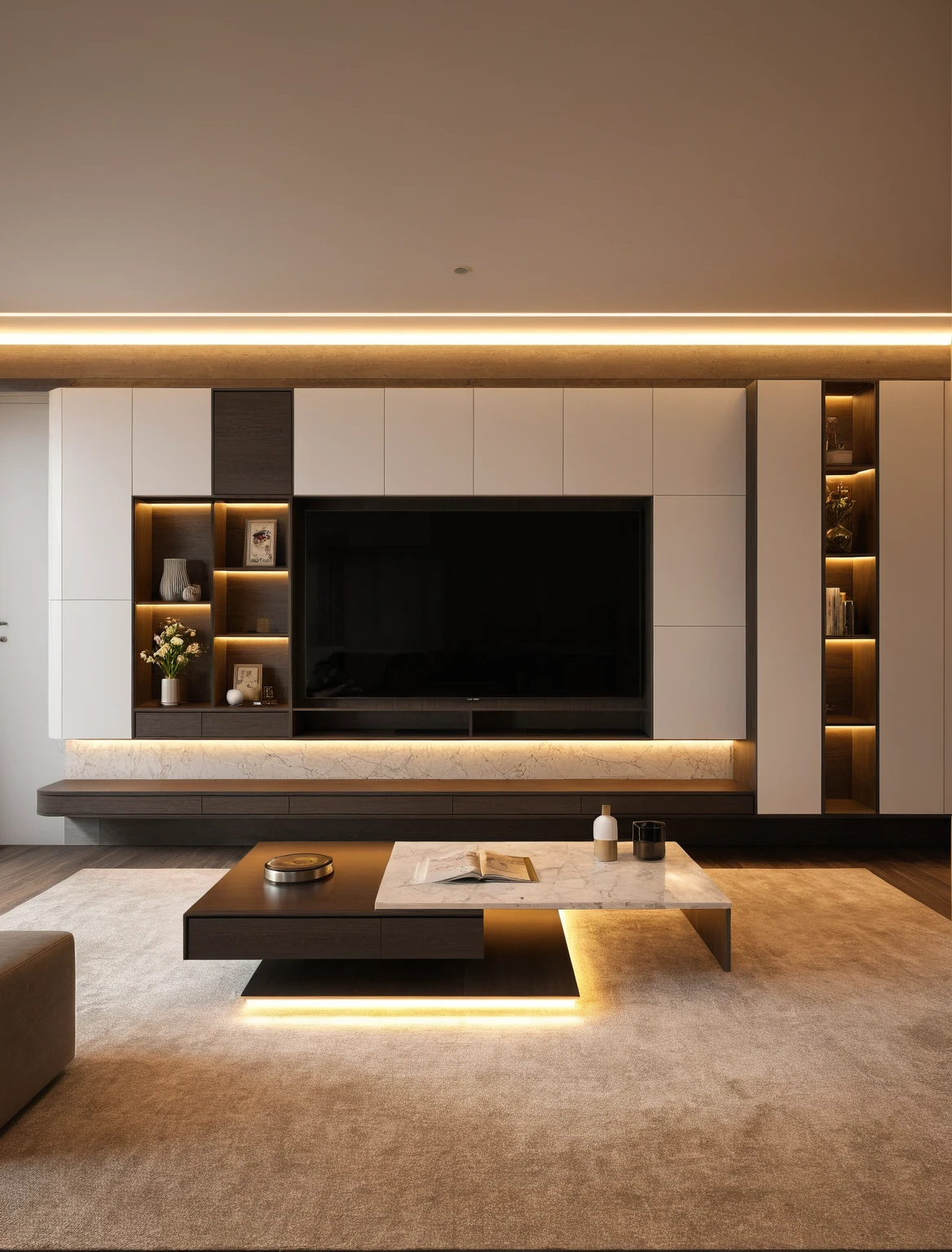 Raw photo,Masterpiece, high quality, best quality, authentic, super detail, interior , sunset, daylight, Modern luxury style living room, TV cabinet, TV, decorative cabinet, books, flower vases, bottles, tea table, tray, wine bottle, open book, carpet, wooden floor, curve, marble cliffs,